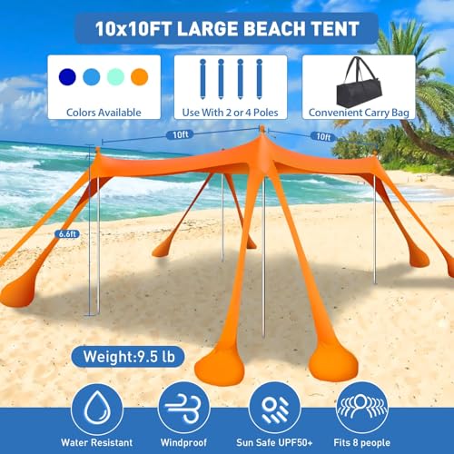Beach Tent Sun Shelter 10x10ft Beach Canopy Easy Pop Up Sun Shade Portable UPF50+ with 8 Sandbags-2 Sand Shovel-4 Aluminum Poles-Ground Pegs for Outdoor Family Camping Fishing Backyard Picnic - color: Orange, size: 10x10 FT 4 Pole