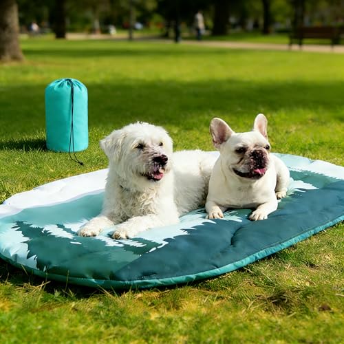 PUPTECK Reversible Outdoor Travel Dog Bed Waterproof, Camping Essentials with Carry Bag, Portable & Foldable Pet Pad Crate Kennel Mat for Large Medium Small Dogs, Travel Accessories, 43”x26” Blue
