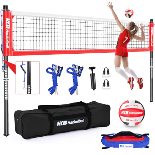 Haokelball Outdoor Volleyball Net Set for Backyard, 32FT Regulation, 3-Level Adjustable Height & Anti-Sag Tension System, Heavy Duty Thick Poles, Includes Volleyball, Pump, Boundary Line and Carry Bag - color: B-Red
