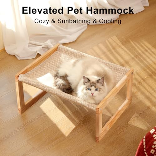 FUKUMARU Dog Bed, Large Breathable Elevated Cat Hammock, Wooden Cat Beds for Outdoor and Indoor, 21 Inch Raised Pet Beds Suitable for Cats, Puppy, Bunny and Small Animal - color: Beige