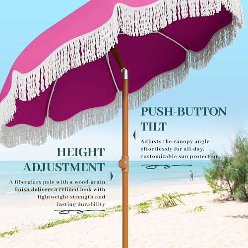 AreShark 7ft Patio Umbrella with Fringe, UPF50+ Beach Umbrella for Table, Pool & Garden, Portable Outdoor Tassels Umbrella w/Fiberglass Ribs&Push Bottom Tilt(Light Pink) - color: Light Pink, size: 7FT
