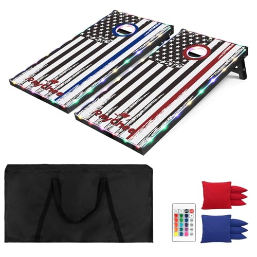 LED Cornhole Set, 3 x 2ft / 4 x2 ft Cornhole Board Game Set, Corn Hole Outdoor Game, Multi-Design with Light-Up Border, 8 Bean Bags, Carrying Case for Backyard, Beach, Lawn - color: American Flag, size: 4'x2'