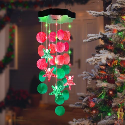Solar Shell Gift for Mom Grandma Girls, Christmas Red & Green Solar Wind Chimes for Outside,Christmas Decorative Mobile Lights for Garden, Yard, Patio, Window, Party, Outdoor Decorations - color: Red & Green
