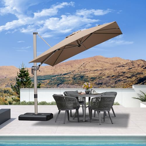 PURPLE LEAF 8’ X 8‘ Patio Umbrella Outdoor Cantilever Umbrella, Aluminum Offset Umbrella with Champagne Frame and 360° Rotation for Pool Deck Garden, Taupe - color: Taupe, size: 8' x 8'