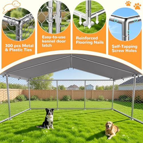 7.8x7.8 FT Extra Large & Heavy Duty Dog Kennel Run - Outdoor Metal Enclosure with Lockable Door and Waterproof Cover for Big Dogs - size: 93x93in