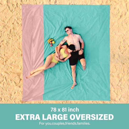Famstar Beach Blanket Oversized Extra Large 78" X 81",Waterproof Sandproof Beach Blanket 1-7 Adults Lightweight Durable for Travel Camping Hiking Picnic - color: Green Pink, size: 78" X 81"