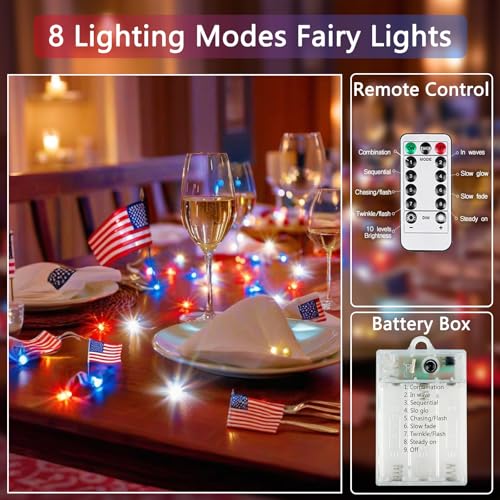 4th of July Decoration Lights, 3 Pack Red White and Blue Fairy Lights Battery Operated with Remote & Timer, Waterproof Patriotic Light Indoor Outdoor 8 Modes for Independence Day Anniversary Memorial - color: Red & White & Blue, size: 3 Pack 80led
