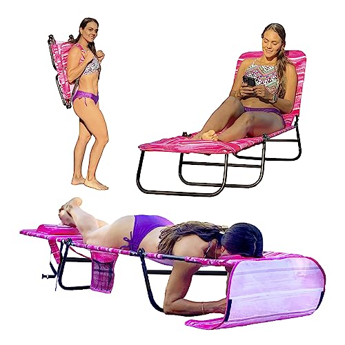 EasyGo Product FLIP Face Down Tanning Beach Chair Lounger with Face & Arm Holes - Polyester Material – Multiple Backrest Positions - Head Rest Pillow-Sand or Home Use - PATENTS Pending