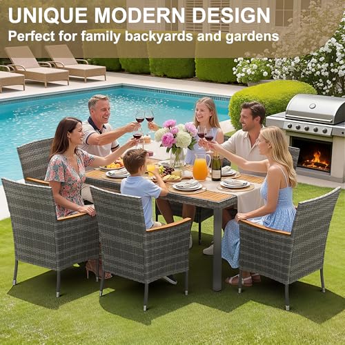 Devoko Dining 7 PCS Furniture, Patio Conversation Set with Acacia Wood Table Top, Outdoor, Beige Cushion and Grey Rattan - color: Grey, style: 7 Piece Dining Set