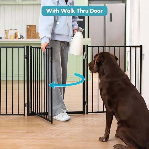 No Pawblems Free Standing Dog Gate with Door, 30'' Tall Foldable Dog Fence for Indoor & Outdoor, Up to 208 Inch Extra Wide Puppy Gate for Stairs, Hallways, Doorways, Deck, Yard (Black, 8 Panels) - color: Black, size: Up to 208" W, 8 Panels
