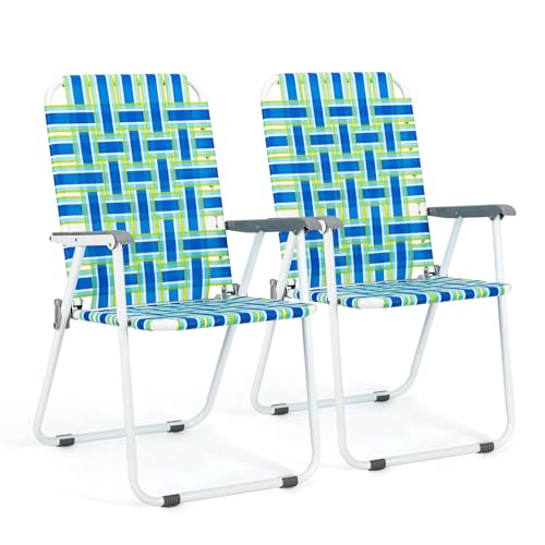 VINGLI Patio Lawn Webbed Folding Chairs Set of 2, Outdoor Beach Portable Lawn Chair Camping Chair Beach Chair for Yard, Garden Dining (Blue, Classic) - color: Blue, size: Regular Size