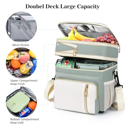 Lunch Box & Lunch Bag for Women Men, Expandable Large Insulated Adult Lunch Bag with Strap, Double Deck Leakproof Lunchbox Durable Cooler Bags for Work Picnic Beach,16L, Olive Green & White - color: Olive Green