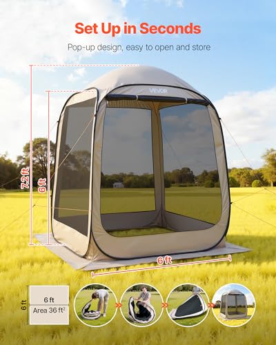 VEVOR Screen House Tent 6x6FT Pop-Up Screen Tent for 4–6 Person, Portable Screen Room Gazebo with Netting, Carry Bag & Ground Stakes, Instant Screen Canopy for Patio Backyard Garden Camping - color: Beige, size: 6×6×7.2 Ft