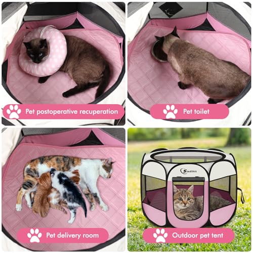 Siedihit Dog Cat Playpen, Puppy Pet Playpen Indoor for Small Dog Crate Tent Cage Outdoor, Portable Pop Up Dogs Enclosure Kennel with Carrying Case for Dogs/Cats/Rabbits(Pink, Small with pad) - color: Pink with Pad