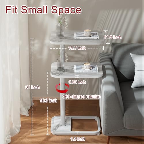GOYLSER C Shaped Tv Trays Living Room End Table End Stand, White Marble Minimalist Wooden C Table for Sofa, Height Adjustable Tv Tray Tables Side Table for Dinner Eating - color: White Marble, style: Standard C Table