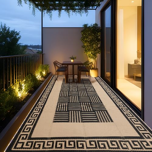 YONILE LED Outdoor Rug 9x12 ft Waterproof for Patios Clearance,Reversible Outdoor Plastic Straw Rug, RV Mat Outside, Indoor Outdoor Carpet for Porch, Deck, Backyard, Balcony, Picnic - color: Black&coffee-striped With Light, size: 9x12ft