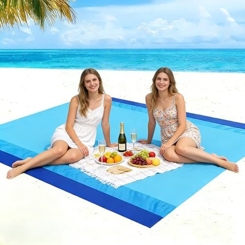 Beach Blanket Sandproof Waterproof Large Sand Free 78''X81''Big Lightweight Blanket Picnic Mat for Beach Travel Camping Hiking Picnic with Stakes