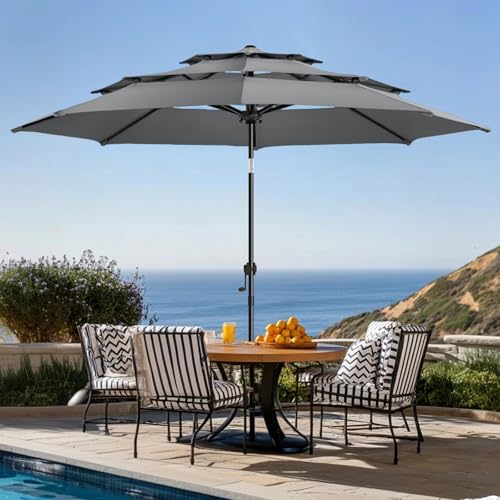 wikiwiki 10ft 3-Tier Patio Umbrella Outdoor Table Market Umbrella for Patio with Push Button Tilt/Crank, Fade Resistant Waterproof POLYESTER Canopy for Garden, Lawn, Deck, Backyard & Pool, Dark Gray - color: Dark Gray, size: 10 FT