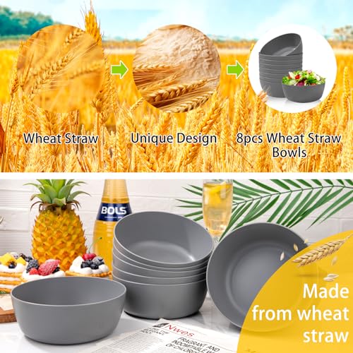 EI 8pcs Wheat Straw Bowls,28oz Unbreakable Cereal Bowls,Reusable Plastic Bowls,Microwave and Dishwasher Safe,BPA Free Lightweight Noodle/Fruit/Salad/Soup Bowls for Picnic,Dinner,Party - color: Dark Grey Wheat Straw Bowls