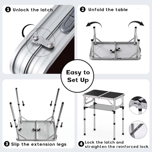 YihuiKo Small Folding Table, Aluminum 24" x 16" Adjustable Height Max 27.5" Folding Camping Table with Carrying Handle, Lightweight, Portable Camp Table for Outdoor Indoor Picnic Beach, Black - size: 24"L x 16"W x 27"H