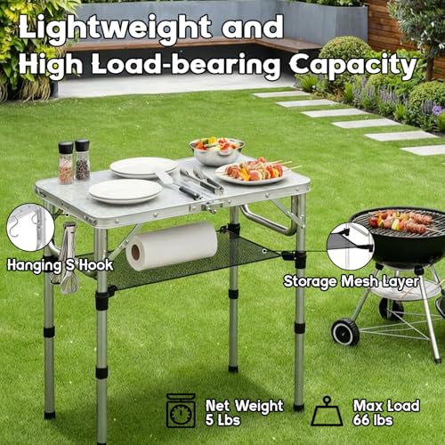 YihuiKo Folding Camping Table, Aluminum 24" x 16" Adjustable Height Max 27.5" with Carrying Handle, Lightweight, Portable Camping Table for Outdoor Indoor Picnic Beach, Silver - size: 24"L x 16"W x 27"H Silver