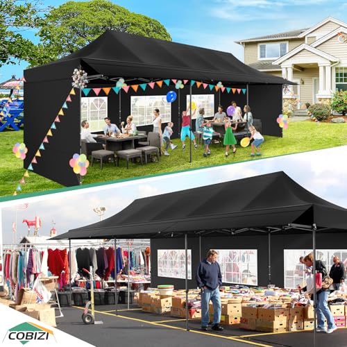 COBIZI 10x30 Pop Up Canopy Tent with Awning & Sidewalls, Heavy Duty Commercial 10X30 Canopy Tents Instant Waterproof, UPF 50+ Sun Shade for Outdoor, Parties, Markets (Black) - color: Black, size: 10x30FT with 5 Sidewalls & 3 Awning Cloth