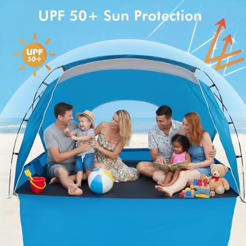 Beach Tent, Portable Sun Shelter for 2/3/4/6-8 Person with UPF 50+ UV Protection, Easy Setup Waterproof Beach Shade Canopy Cabana for Family Outdoor and Picnics, Fishing with Carrying Bag - color: Blue, size: Deluxe 6-Person