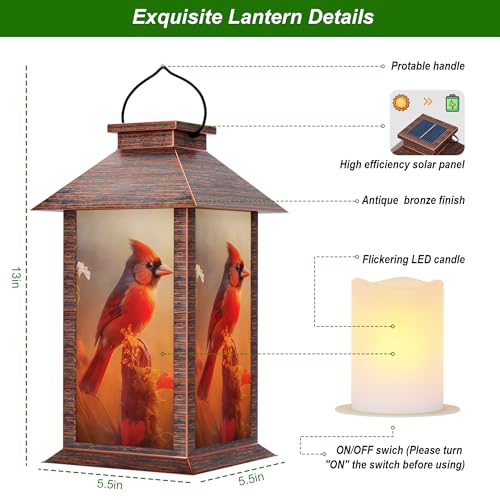 Solar Lanterns Outdoor Waterproof, Cardinal Solar Lights with LED Flickering Flameless Candle, 13'' Cardinal Gifts for Women Grandmas, Red Bird Lanterns Decor for Home Garden Patio Porch, 1 Pack - size: Red 1 Pack