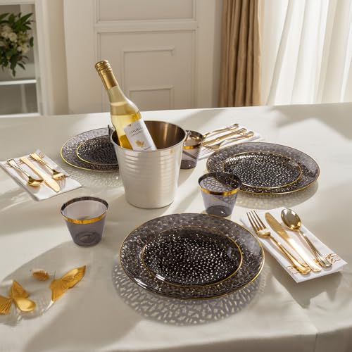 DaYammi 175PCS Clear Black and Gold Plastic Dinnerware Set for Party, Hammered Disposable Plates for Party, Include: 25 Dinner Plates, 25 Dessert Plates, 75 Gold Silverware 25 Napkins 25 Cups - color: Clear Black, size: 175 Pcs