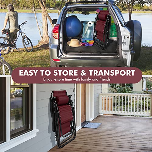 Giantex 2 PCS Zero Gravity Chair, Outdoor Chaise Lounge with Cup Holder, Patio Folding Chairs Recliner for Yard Pool Lawn Balcony, Burgundy - color: Burgundy, size: 1 Count (Pack of 2)
