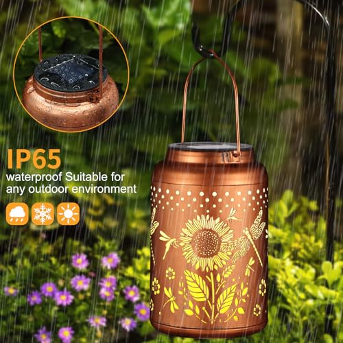 Solar Lanterns Outdoor Waterproof Hummingbird Garden Decor Christmas Gifts for Women Mom Grandma Hanging Lights Metal Decoration Outside for Yard, Patio,Backyard,Porch(Dragonfly and Sunflower) - style: Dragonfly and Sunflower