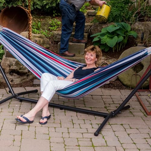 Vivere Double Cotton Hammock with Space Saving Steel Stand, Upgraded Polyester End Strings 450 lb Capacity - Premium Carry Bag Included - USA Grown Cotton (Denim) - color: Denim