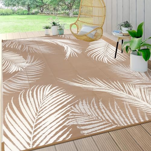 Pauwer Waterproof Outdoor Rug 8x10, Reversible Plastic Straw Patio Camping Rug, Indoor Outdoor RV Mat Carpet for Deck, Camper, Porch, Balcony, Backyard, Picnic, Leaf Brown - color: Leaf Brown, size: 8' x 10' (Rectangular)