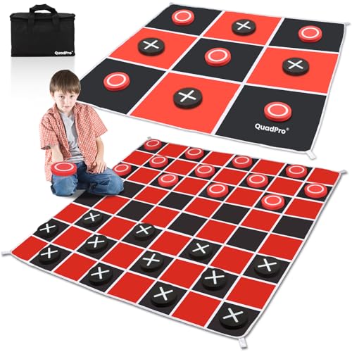 2-in-1 Giant Checkers Game & Tic Tac Toe Game Set, Outdoor Games with 4.6x4.6ft Machine-Washable Mat & 4 Ground Stakes - Perfect Backyard Games for Kids & Adults