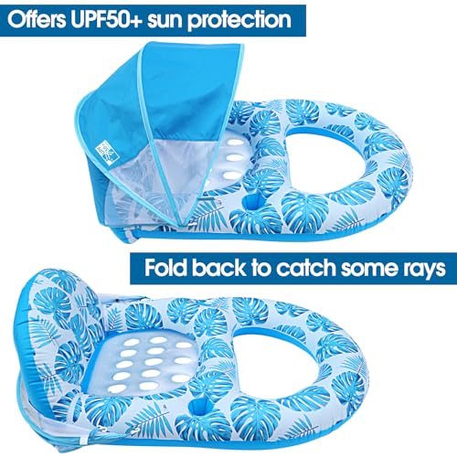 COOLCOOLDEE Pool Lounge Float with Canopy UPF50+,Extra Large Pool Floats for Adults Heavy Duty,Inflatable Lounger Float with Cup Holder & Backrest,Footrest - color: Blue
