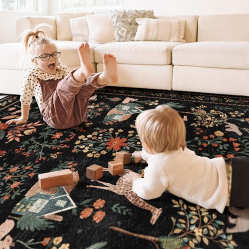Black Rug Door Mat Indoor Entrance, 2x3 Rug Washable Boho Floral Botanical Animal Small Area Rug, Non-Slip Low Pile Throw Rugs for Kitchen Front Door Indoor Entrance Entry, Laundry, Bathroom - color: B#black (Animal), size: 2' x 3' (Rectangular)
