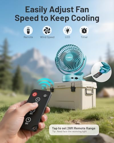 Camping Fan with Remote Control - 12000mAh Rechargeable Battery Powered Fan, Camping Fans for Tents with LED light & Hanging Hook, Rechargeable Battery Operated Ceiling Fans for Tent RV Bed, Blue - color: Blue