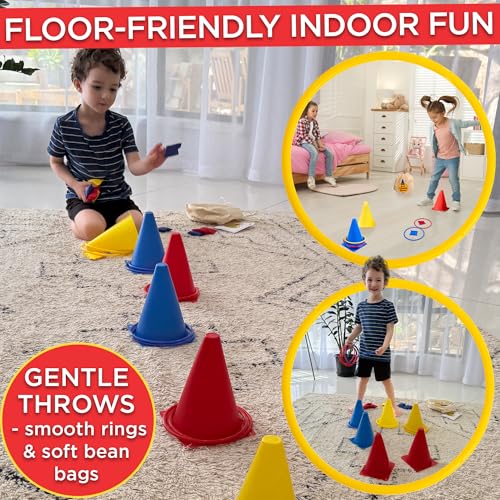 Ring Toss Game, Obstacle Course for Kids 3-5 & Birthday Party Games, Carnival Bean Bags for Tossing Gross Motor Toys for Toddlers 3-5, 12 Rings & 12 Bean Bags, 6 Cones for Kids, PE Equipment