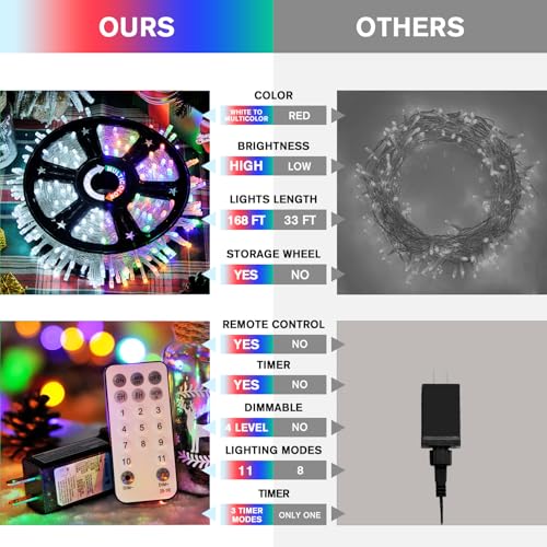 JMEXSUSS Christmas Lights, 600 LED 168FT Color Changing Christmas Tree Lights with Remote, 11 Modes, Timer, Waterproof, Clear Wire String Lights for Xmas Décor, White & Multicolor - color: White to Multicolor, size: 600 LED