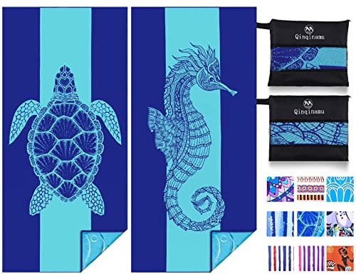 2 Pack Microfiber Lightweight Beach Towel 71"x32" Oversized Extra Large Thin Sand Free Towels Travel Swim Pool Yoga Gym Camping for Adults Women Men Beach Essentials Accessories Vacation Gift - color: 2 Pack Turtle Seahorse