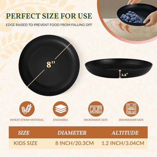 Homienly Wheat Straw Plates Unbreakable Deep Dessert Plates Set of 8 Plastic Plates Reusable Microwave Safe Plate for Kitchen Camping Party Dishwasher Safe Stackable Appetizer Plates (8in, Black) - color: Black, size: 8 inch