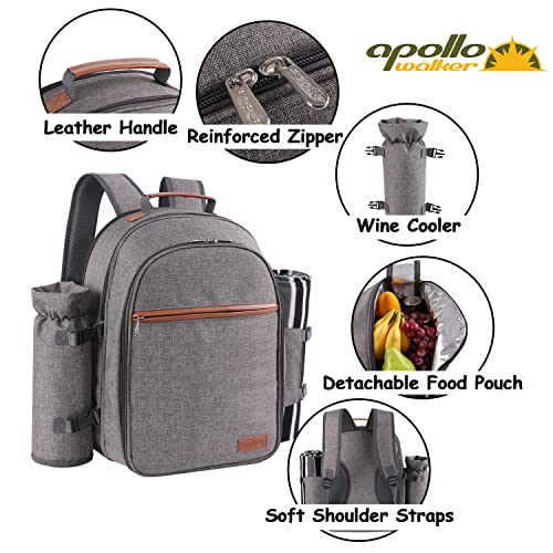 Apollo Walker Picnic Backpack Set for 2 Person with Cooler Compartment, Detachable Bottle/Wine Holder, Fleece Blanket, Plates and Cutlery Set - color: Lightgrey, size: 2 Person
