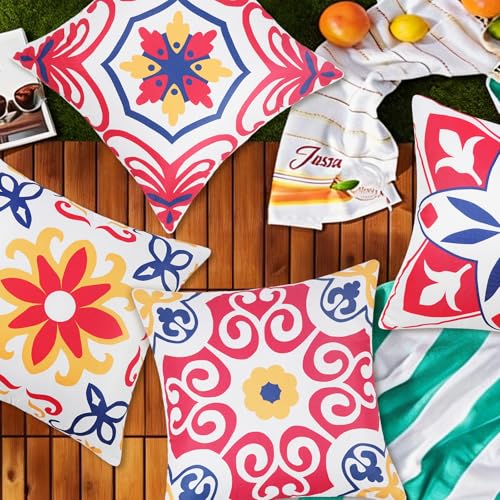 Pyonic 4th of July Outdoor Pillows Waterproof Throw Pillow Covers Set of 4 Red Blue White Floral Printed Patriotic Outdoor Pillow Covers for Patio Funiture Garden 18x18 Inch-Double Side - color: Red Blue, size: 18" x 18" (Pack of 4)