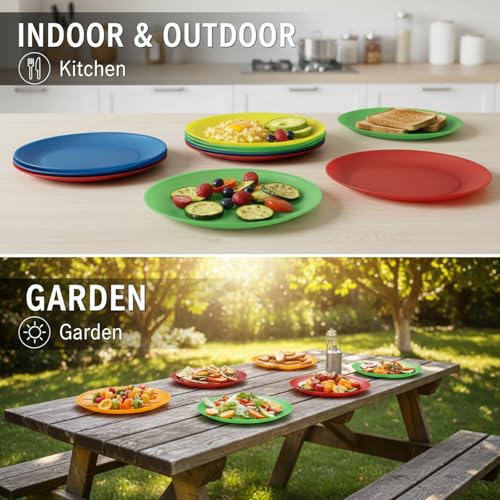 AOYITE 10 inch Plastic Plates Reusable - Lightweight Flat Dinner Plates set of 12 - BPA Free Dishwasher Safe & Microwave Plate for Kids Kitchen Party Camping Outdoor - color: Bright Multicolor
