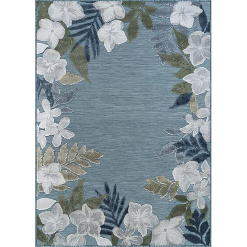 Outdoor Rug 9x12 Washable Area Rugs Indoor Outdoor Carpets Aqua Border Floral Non Shedding Waterproof Easy Clean Patio Deck Porch Living Room Bedroom Garden RV (9 X 12 Aqua) - color: 1-aqua, size: 9' x 12' (Rectangular)