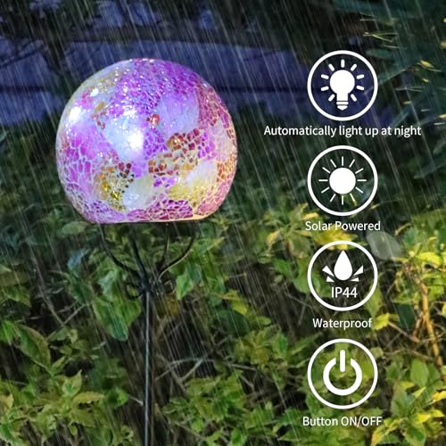 VCUTEKA Solar Outdoor Lights Garden Decor Mosaic Solar Garden Lights Waterproof Glass Ball LED Pathway Stake Light for Landscape Lawn Patio Yard Decoration 6 inch, Pink - color: Pink