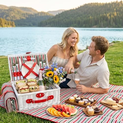 Wicker Picnic Basket for 2 with Waterproof Picnic Blanket and Insulated Bag Red and Green Color Scheme for Soccer Game, Camping, Travel, Birthday Gift, Wedding Gift - color: Classic Red and Green Stripes