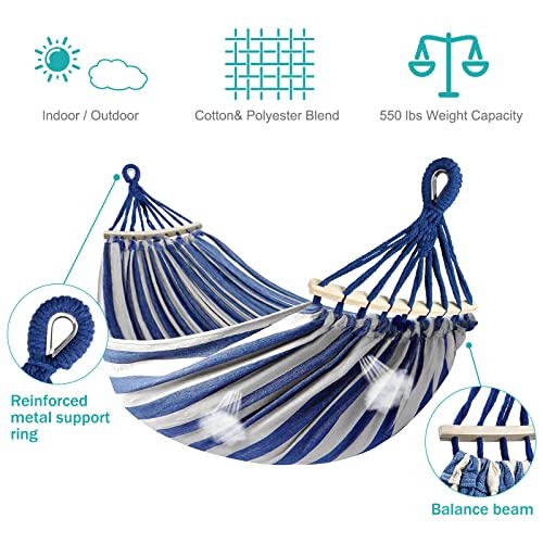 MOSFiATA Hammocks Portable Camping Hammock Upgraded 550lb Comfortable Fabric Hammock with Two Anti Roll Balance Beam and Sturdy Metal Knot Tree Straps for Camping, Patio, Backyard, Outdoor(Blue White) - color: Blue White
