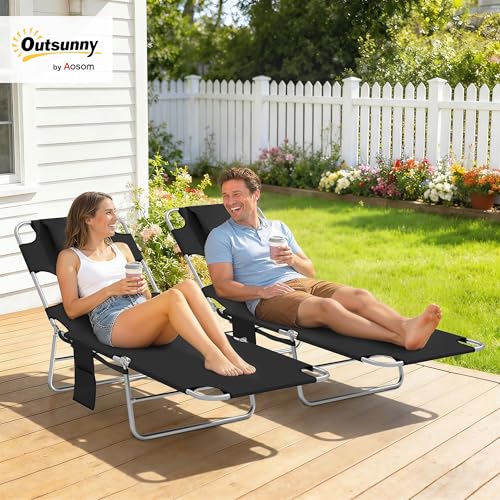 Outsunny Chaise Lounge Chair Outdoor Set of 2 with Face Arm Hole, 5-Position Reclining Face Down Tanning Chair with Carry Strap, Side Pocket, Portable Folding Bed Cot for Patio Beach Pool, Black - color: Black, size: 2 Pieces