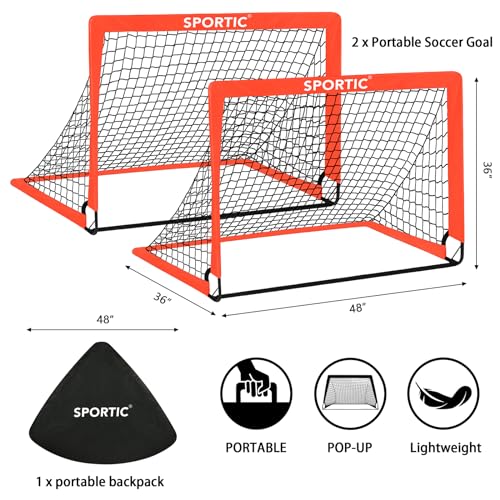 2 Pack 4' x 3' Soccer Goal Net Set, Pop Up Kids Practice Soccer Goals for Indoor and Outdoor.Portable Soccer Net with Carrying Bag & Ground Pegs, Perfect for Backyard, Field, Court - color: Orange